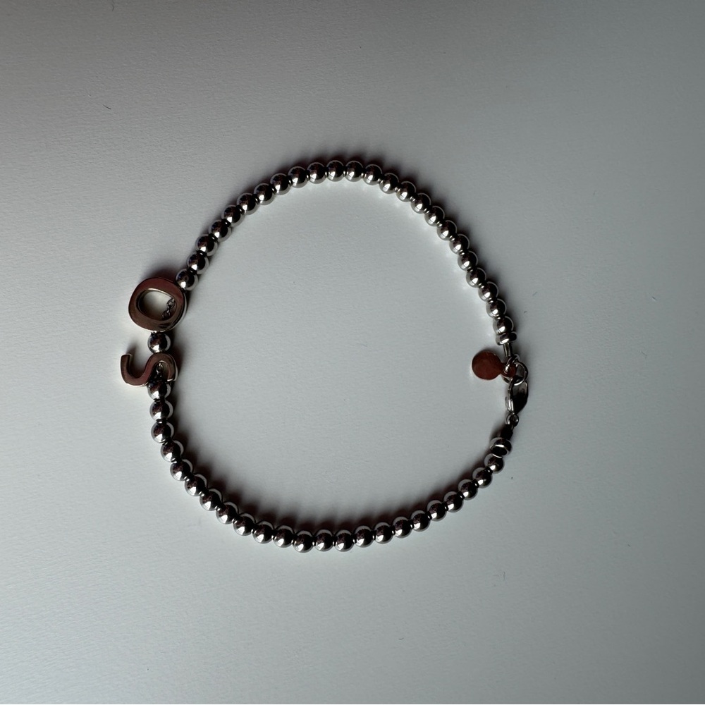 14k white gold bead bracelet with O & S letters